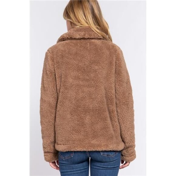 Women's Camel Faux Fur Sherpa Jacket/ Fuzzy Coat/ Teddy Coat With Pockets - Picture 3 of 5